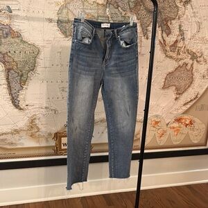 Blue Ankle Cropped Jeans with Distressed Hem